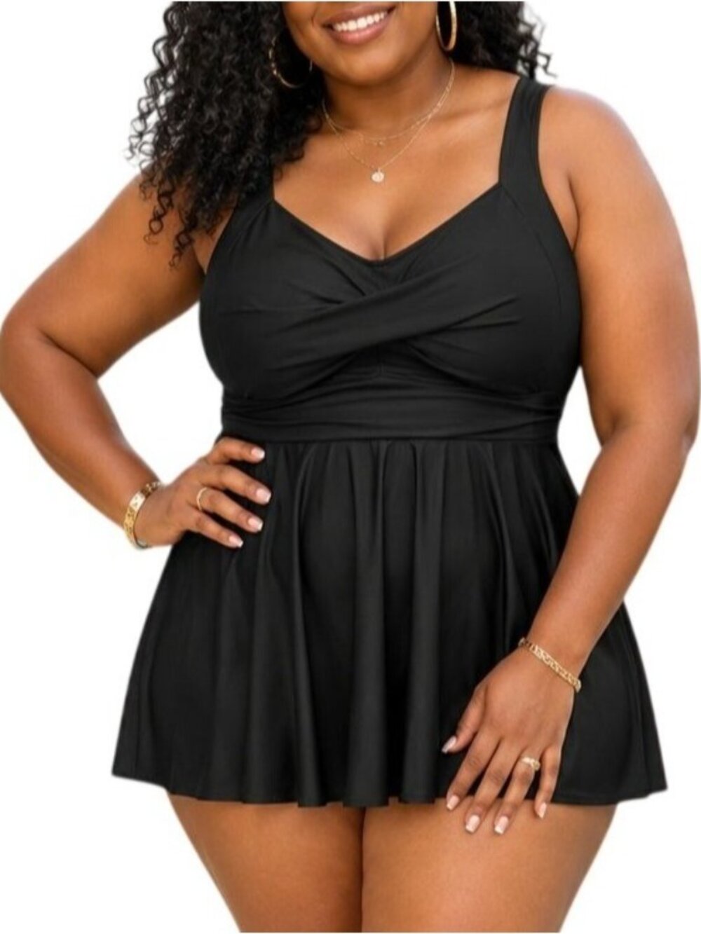 Tempt Me Plus Size 14W Swim Dress Skirted Black Adjustable Straps Ruching